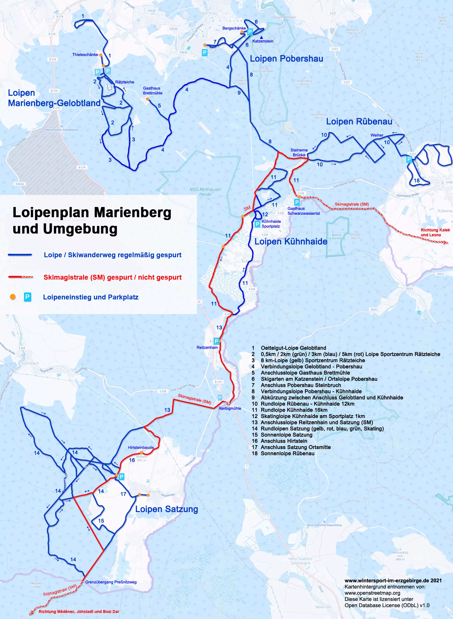 Loipenplan Marienberg mit Gelobtland, Pobershau, Rübenau, Kühnhaide und Satzung