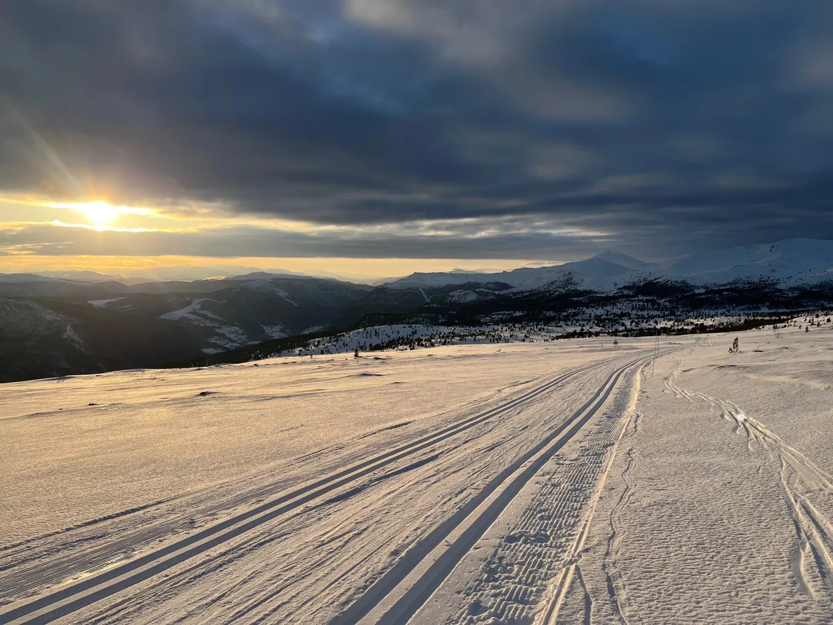 Loipengebiet Høvringen mit Abendsonne, rechts der Berg Blåhøe
